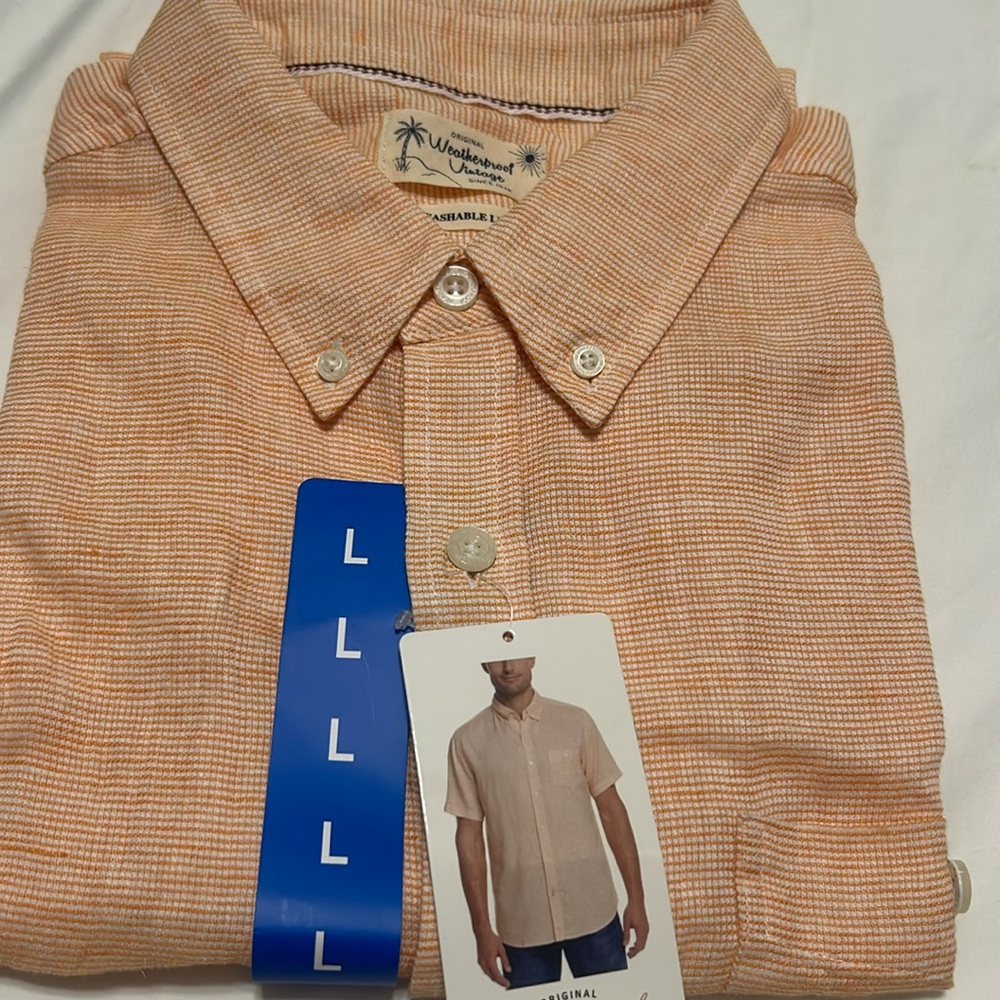 Weatherproof short sleeves shirt button down washable linen size L NWT